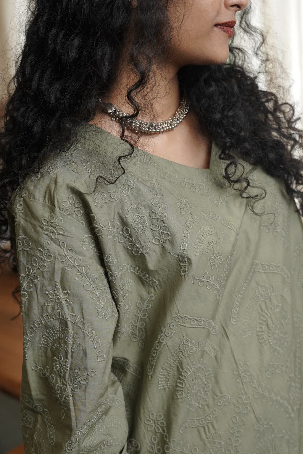 Olive Green Tonal Embroidered Kurta
