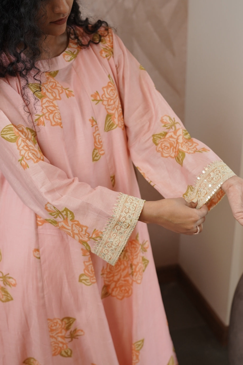 Blush Pink Floral Chanderi Long Top