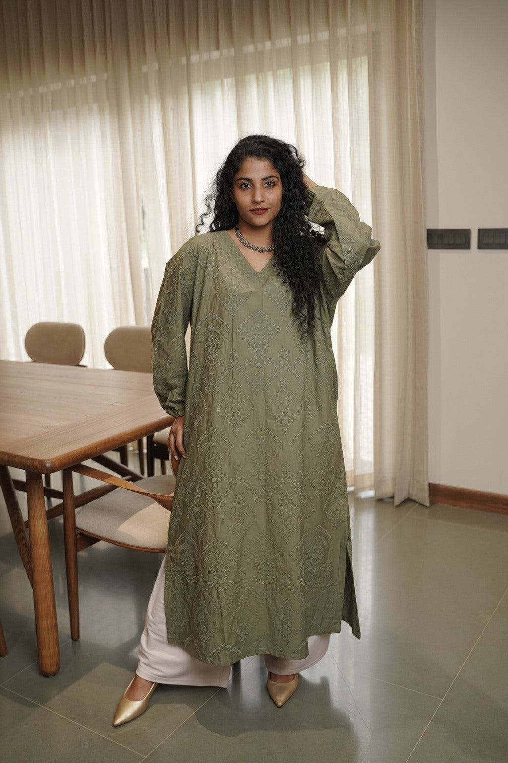 Olive Green Tonal Embroidered Kurta