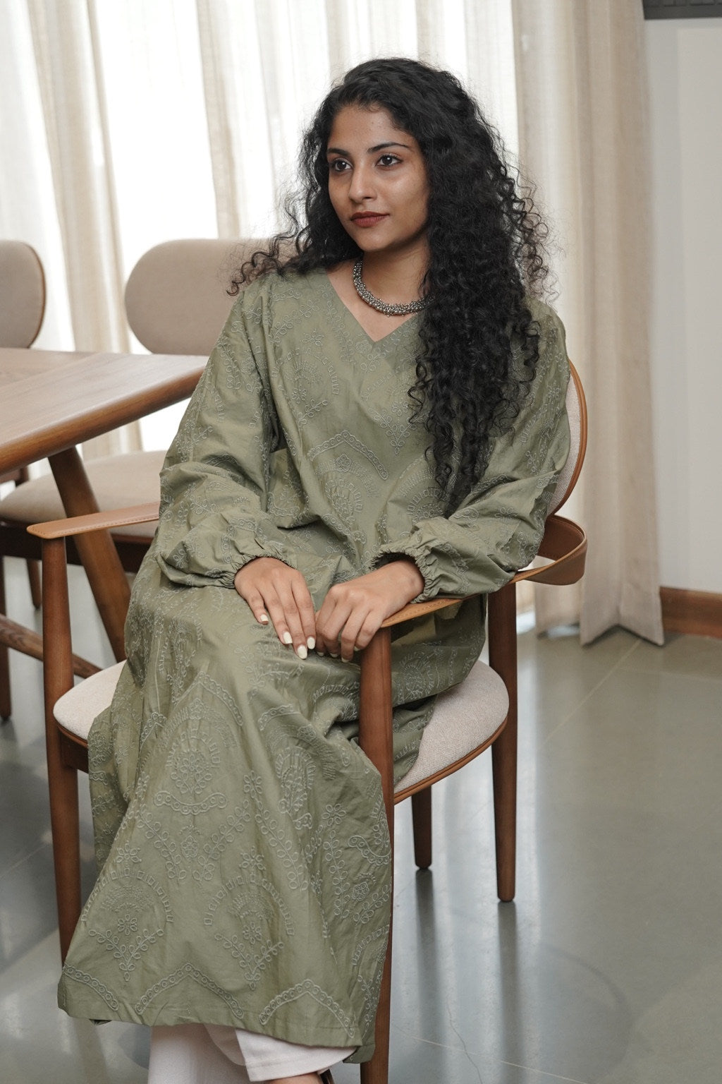 Olive Green Tonal Embroidered Kurta