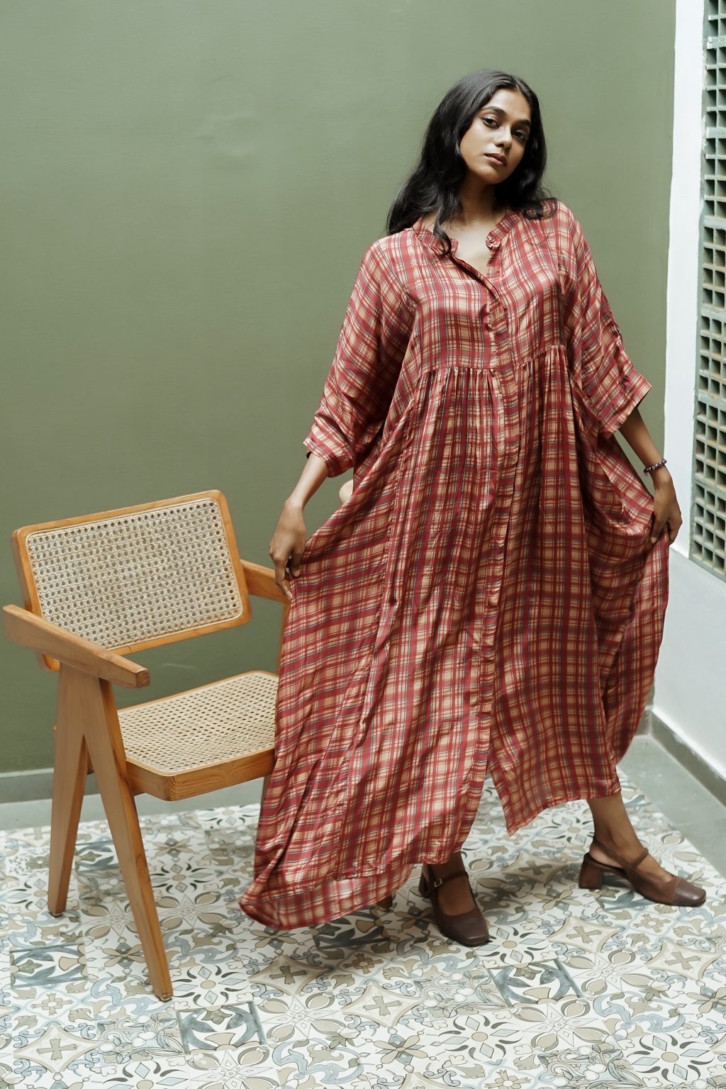 Crape Silk Free-Size Checked Gathered Maxi Top