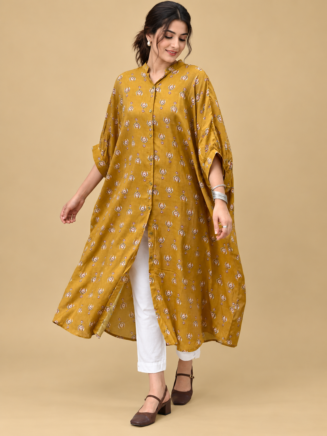 Mustard Yellow Printed Muslin Free-Size Kaftan