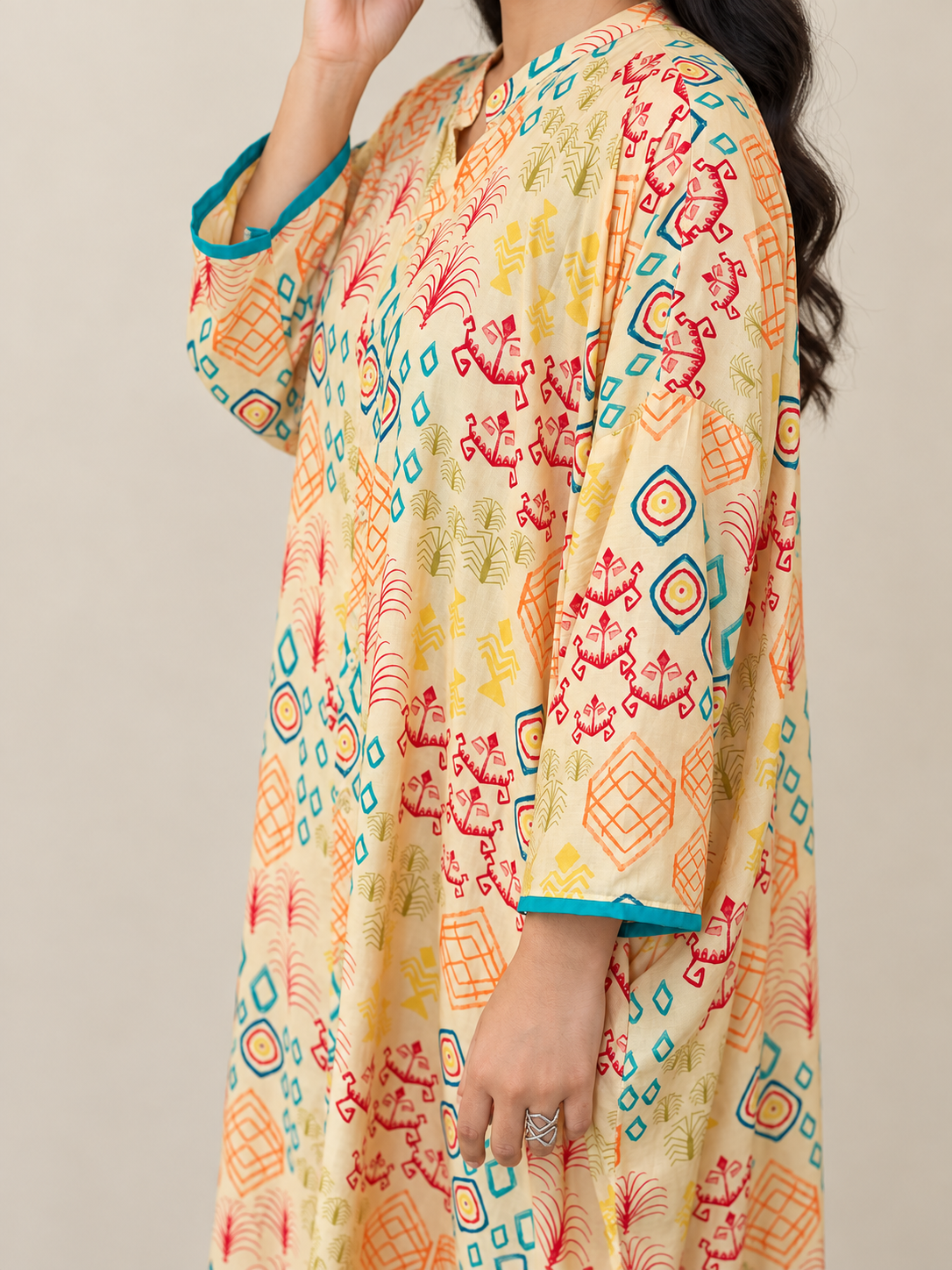 Multicolor Printed Muslin Free-Size Kaftan Top