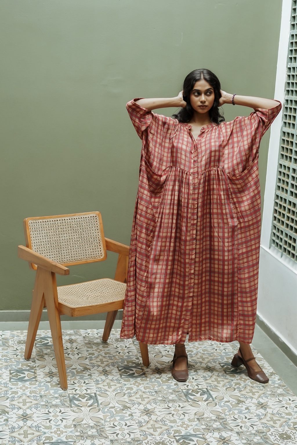 Crape Silk Free-Size Checked Gathered Maxi Top