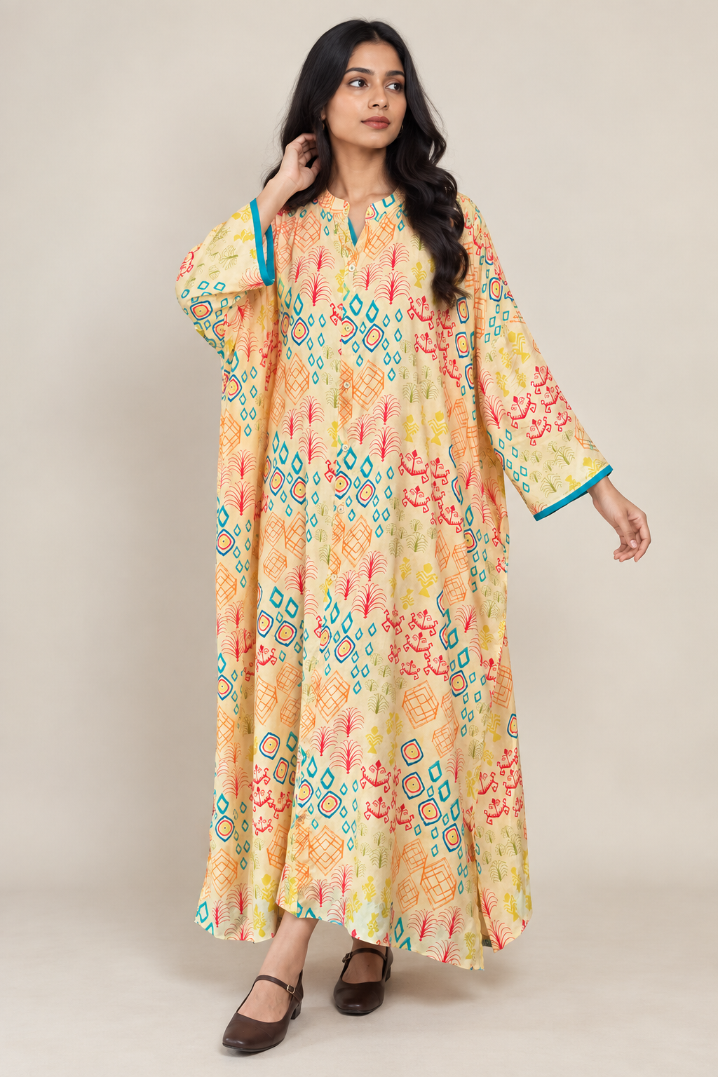 Multicolor Printed Muslin Free-Size Kaftan Top