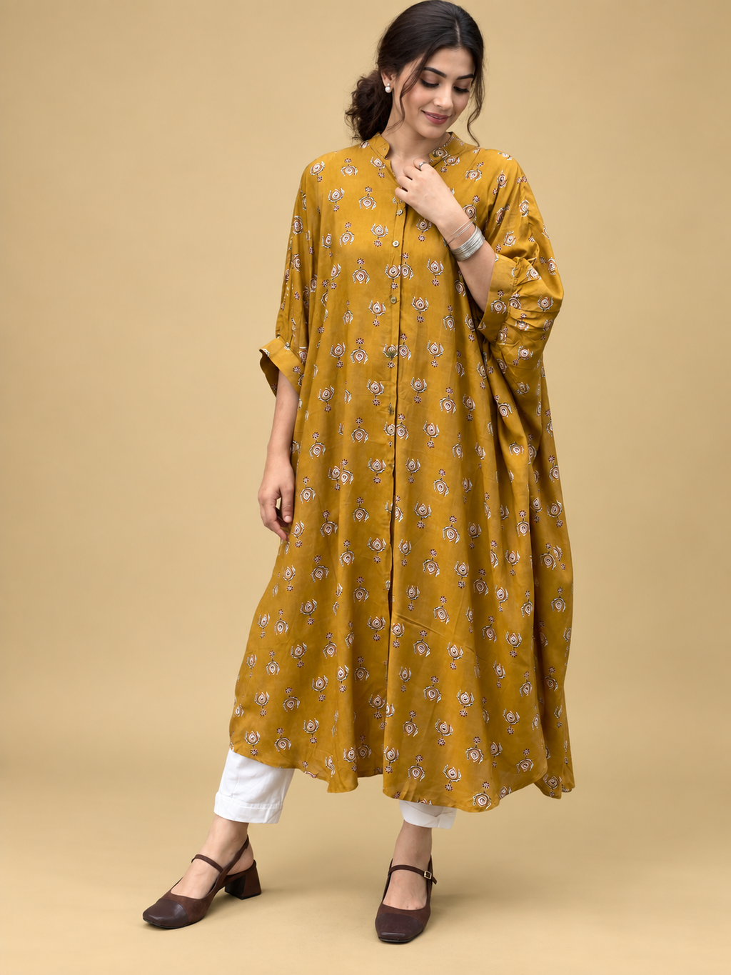 Mustard Yellow Printed Muslin Free-Size Kaftan