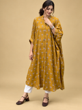 Mustard Yellow Printed Muslin Free-Size Kaftan