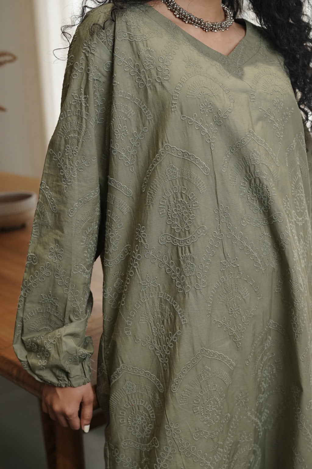 Olive Green Tonal Embroidered Kurta