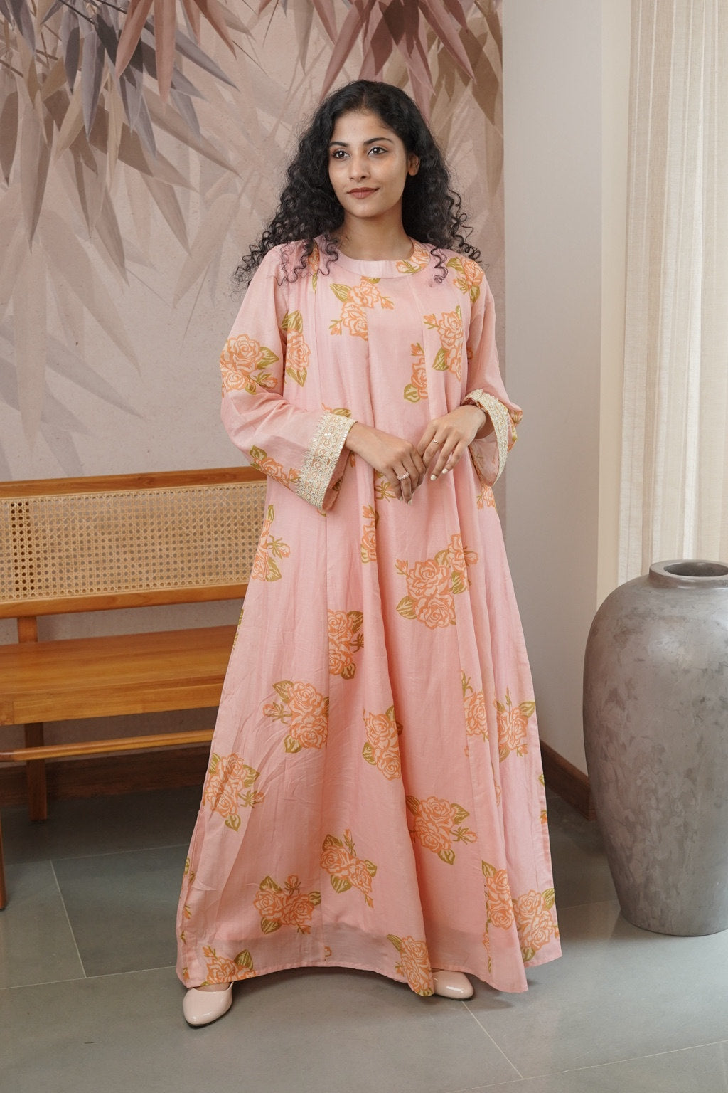 Blush Pink Floral Chanderi Long Top