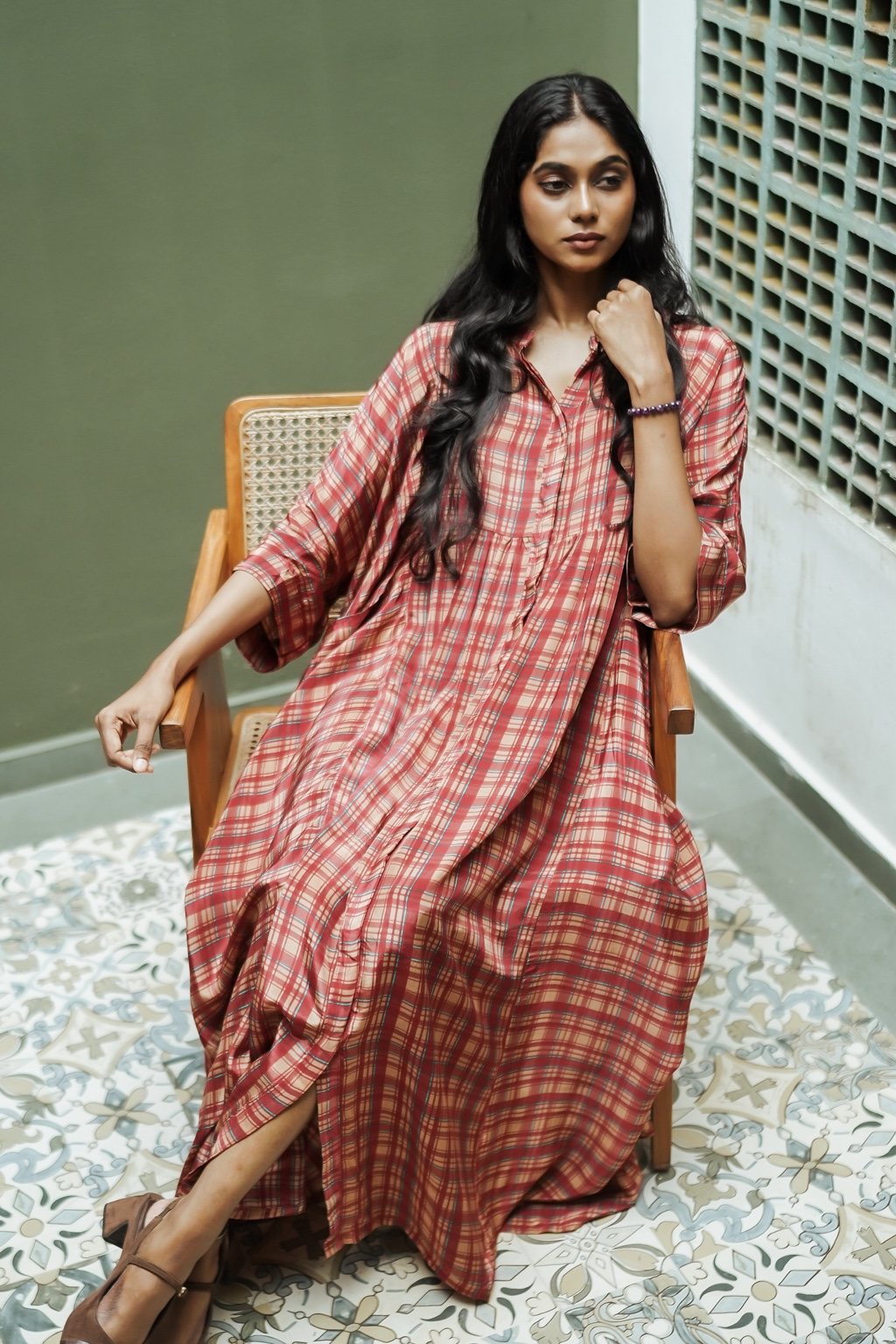 Crape Silk Free-Size Checked Gathered Maxi Top