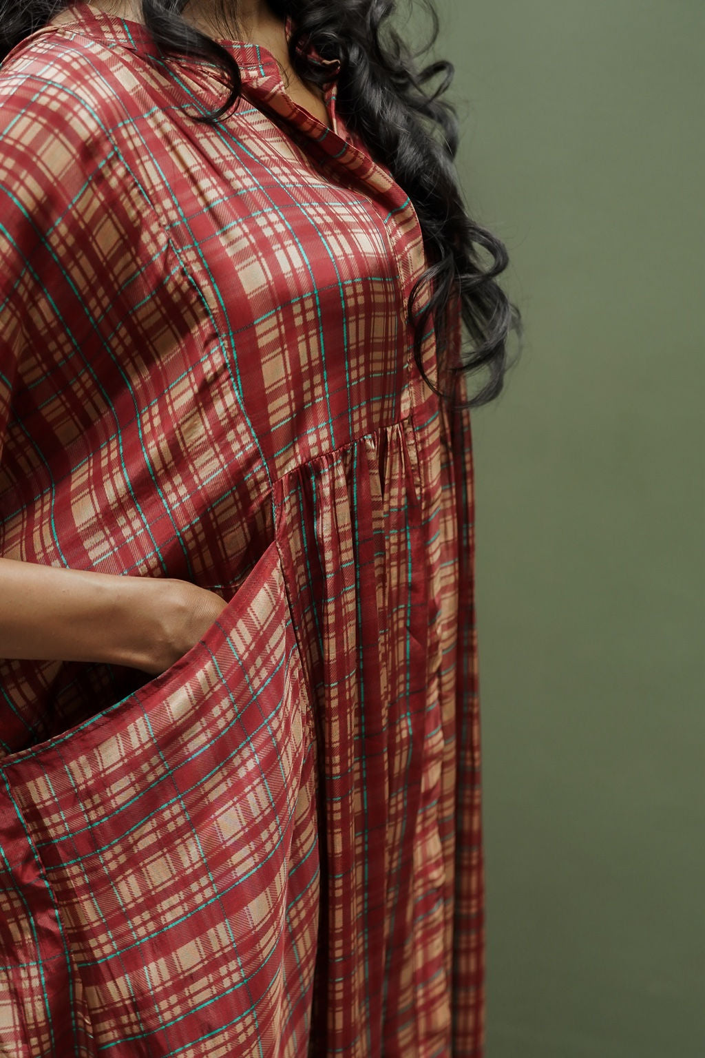 Crape Silk Free-Size Checked Gathered Maxi Top