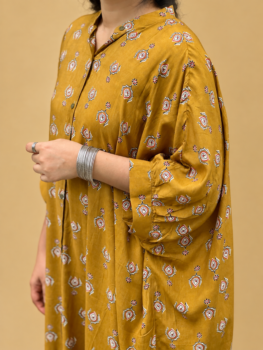Mustard Yellow Printed Muslin Free-Size Kaftan