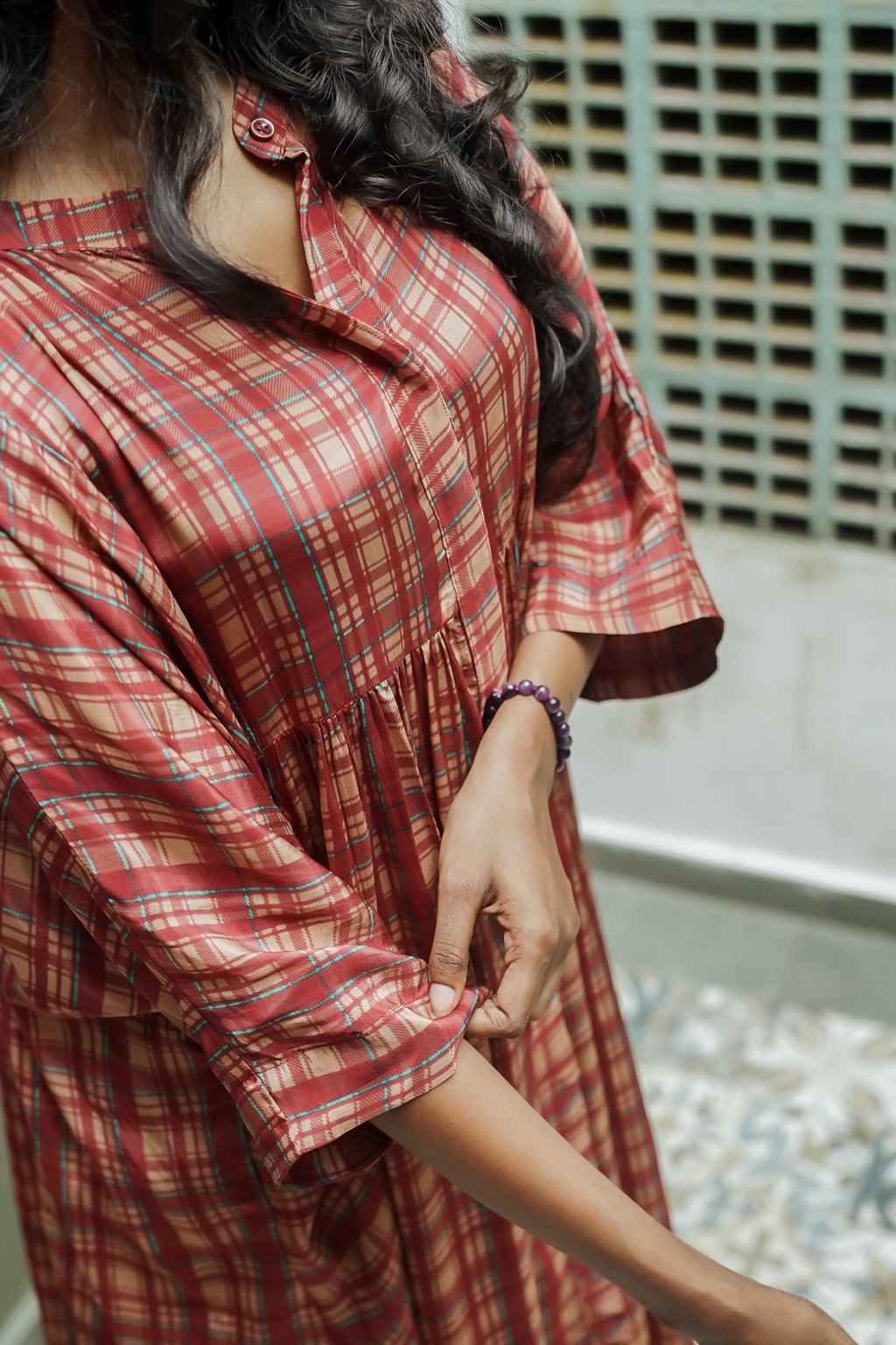 Crape Silk Free-Size Checked Gathered Maxi Top